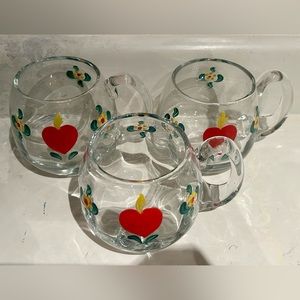 Hand Painted Burning Heart Heavy Glass Mugs *set of 3*